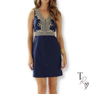 Lilly Pulitzer Aveline V-Neck Shift Dress in Navy & Gold Size 4